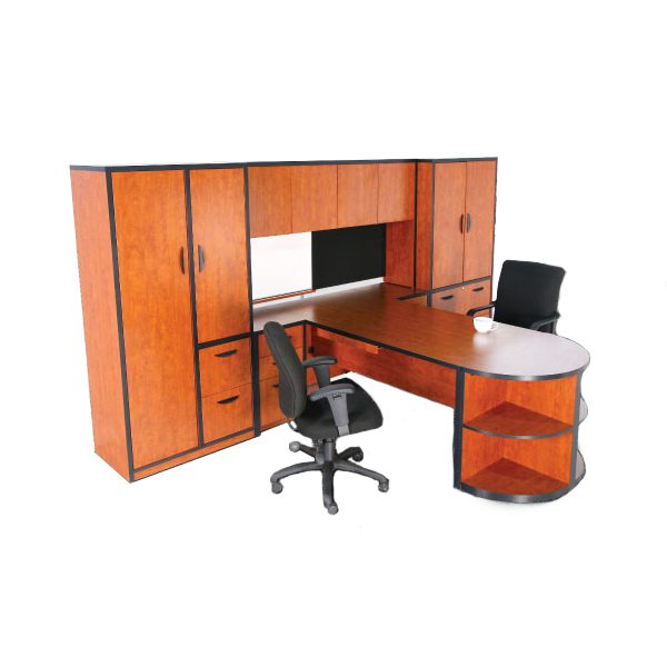 L-shaped desk with storage and seating.