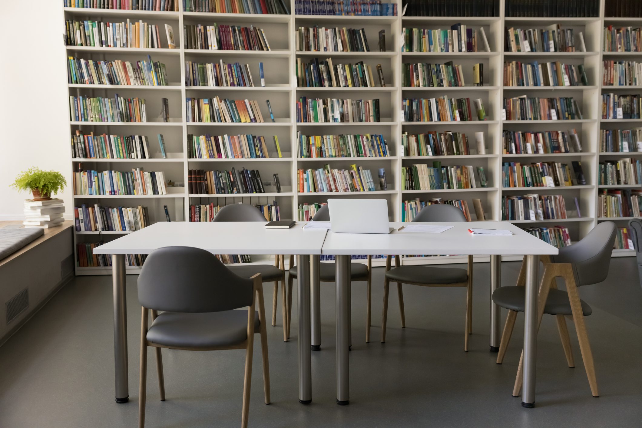 Library reading area with bookshelves