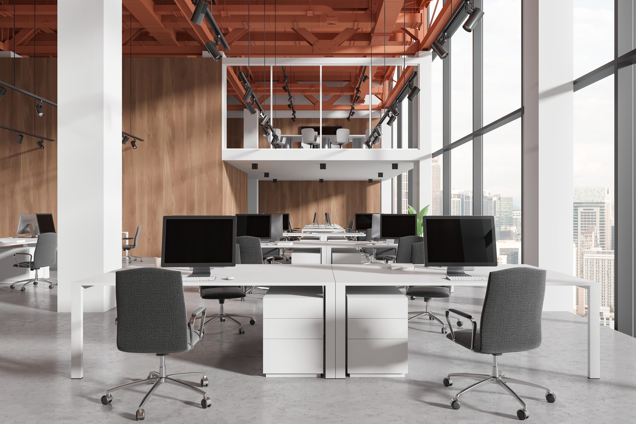 Spacious office interior with shared desks