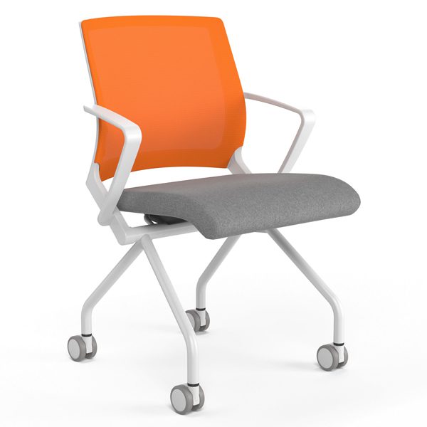 Modern chair with orange backrest and wheels.