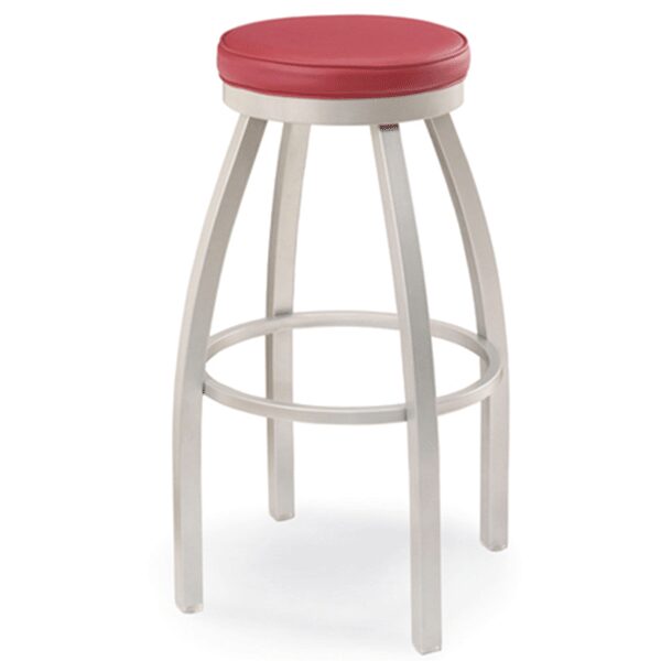 Red cushioned bar stool with metal legs.