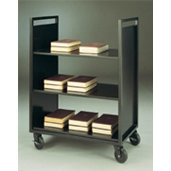 Books stacked on wheeled cart
